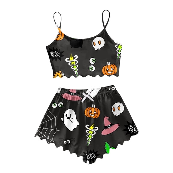 bravefron Halloween Pajamas Cartoon Print Shorts Set Sleeveless Vest Loungewear Homewear Sleepwear for Women Night Pajama Set