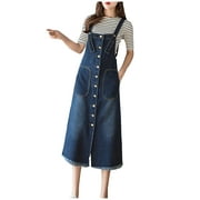 Lilgiuy Clearance under 10$ Women's Denim Bib Overall Denim Pinafore Dress Button Denim Dress with Suspenders Pinafore Dress Skirt Jeans Jumpers