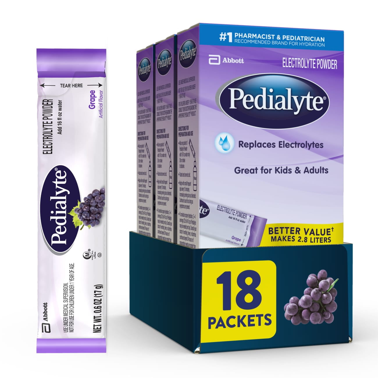 Pedialyte Electrolyte Powder Packets, Grape, Hydration Drink, 18 Single