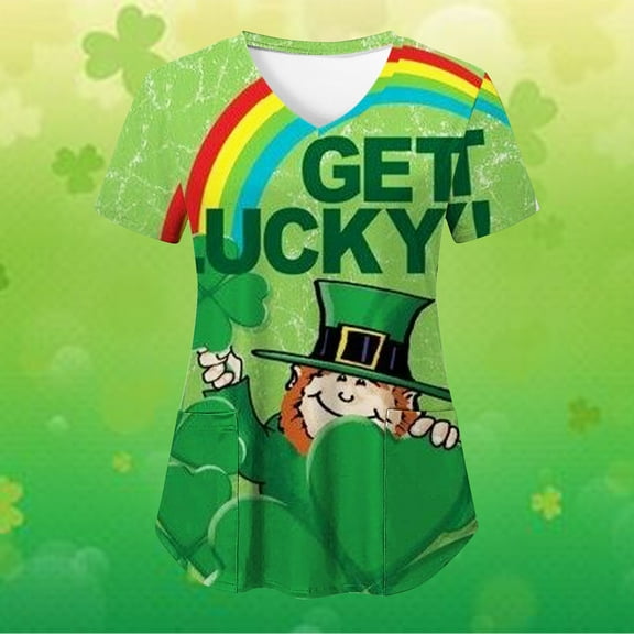 EGNMCR Womens St. Patrick's Day Nursing Scrub Tops Irish Printed Short Sleeve Gnome Green Working Uniform V Neck Workwear Blouse T-shirt