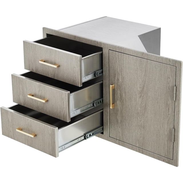 Stainless Steel Outdoor Kitchen Door Drawer Combo 38.2" W x 20.5" H x 22.6" D - Triple Drawers & Access Door, Propane Storage & Adjustable Garbage Ring, Weather-Resistant Flush Mount