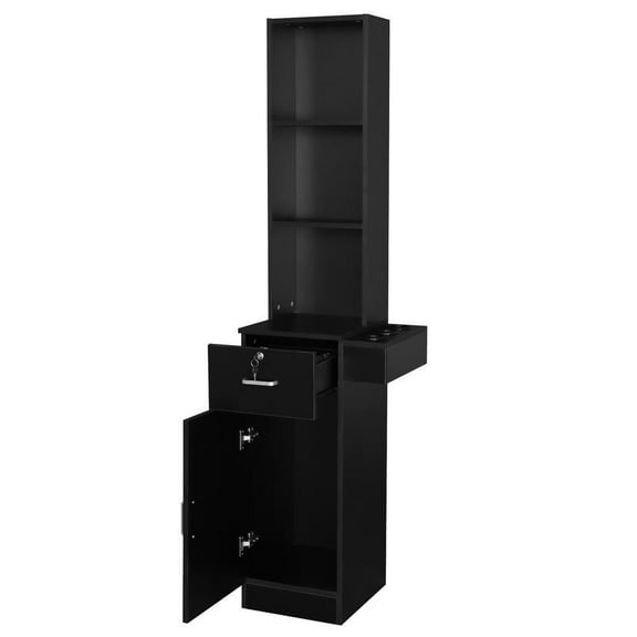 RTRWDC wall mounted hair styling table, black salon storage cabinet with locked drawers and 3 hair dryer stands - MDF/PP plastic material hair salon workstation suitable for small salons