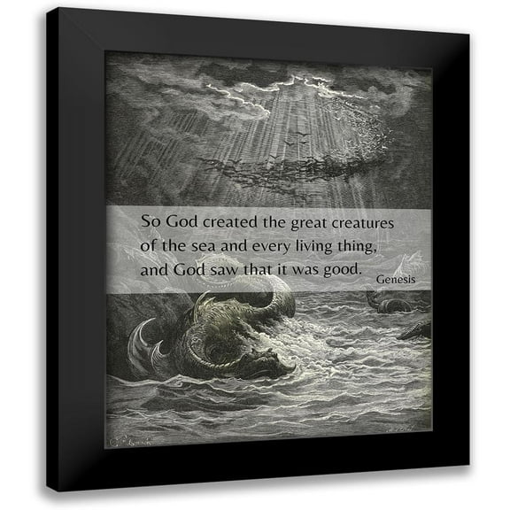 ArtsyQuotes 12x14 Black Modern Framed Museum Art Print Titled - Bible Verse Quote Genesis 1:21, Gustave Dore - Creation of the Fish and Birds