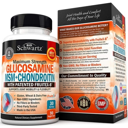 Glucosamine Chondroitin MSM Turmeric for Hip, Joint & Back Pain Relief. Anti Inflammatory Supplement with Hyaluronic Acid, Collagen, Boswellia, Bromelain & Fruitex-B. Gluten Free & Non