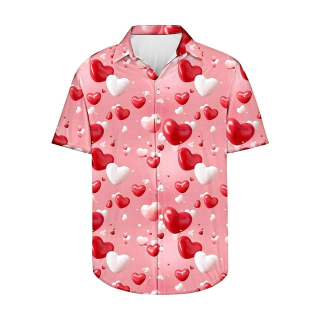 Camisas de Manga Larga para Hombres Día de San Valentín Impreso Botón Solapa, Camisa de Manga Corta Casual para Regalos