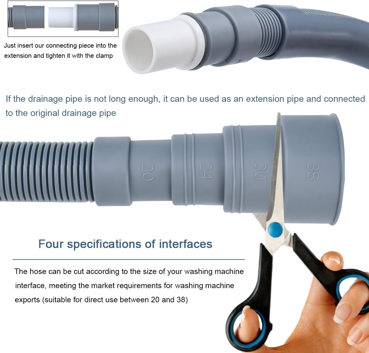 20FT Flexible Corrugated Drain Hose for Washing Machine & Dishwasher Heavy-Duty Extension Hose with Adapter, 2 Clamps & U-Bend Holder