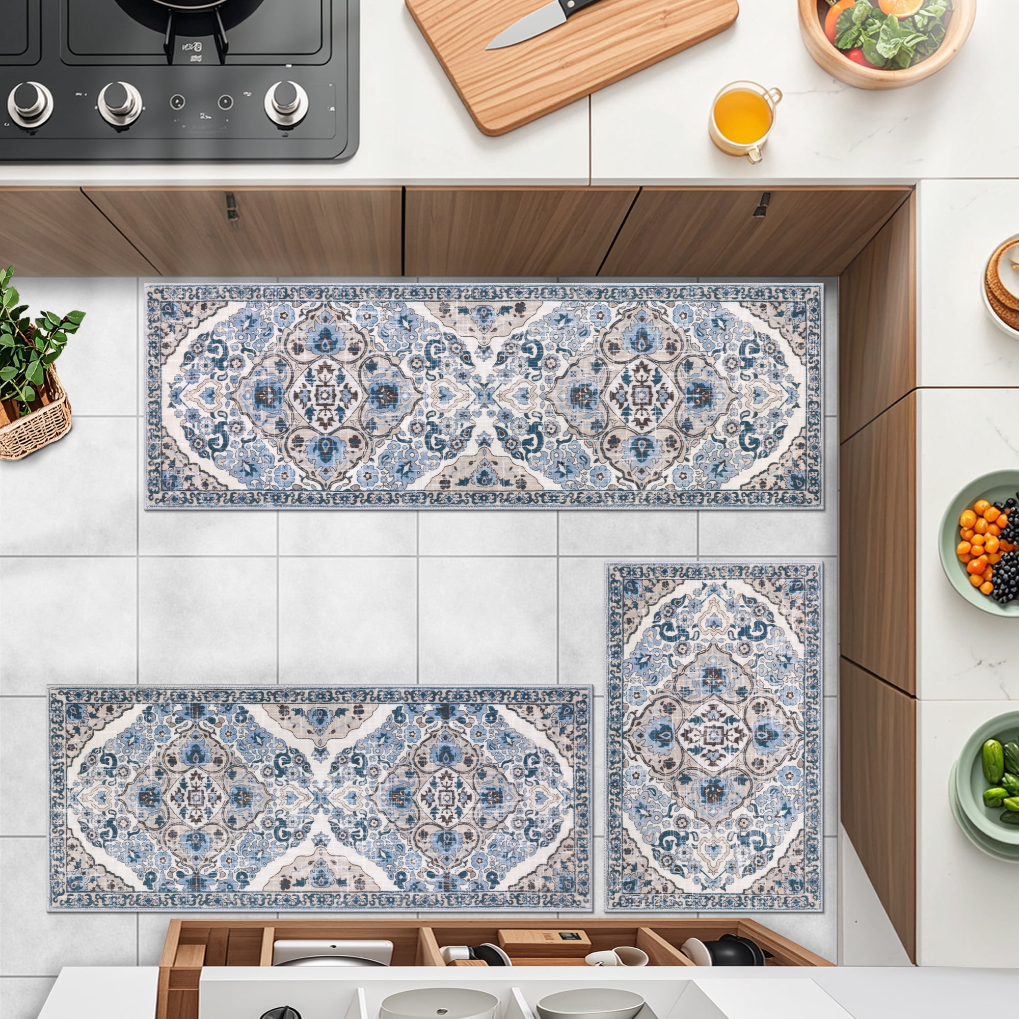 MeyJey Kitchen Rug Set 3 Piece, Non Slip Machine Washable Mats for Home Floor and Living Room, Blue/Beige