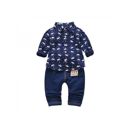 Lavaport Spring Baby Infant Boy Crown Pattern Cotton Shirt +Long Denim Pants Trousers For Toddlers 1-6Y