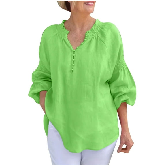 CheerKidz Women's Casual Cotton-Linen 3/4 Sleeve Cardigan Multi-Color Summer Cover-Up,Loose Fits Tunic Blouse for Layering,Vacation Wear(Green,XL)