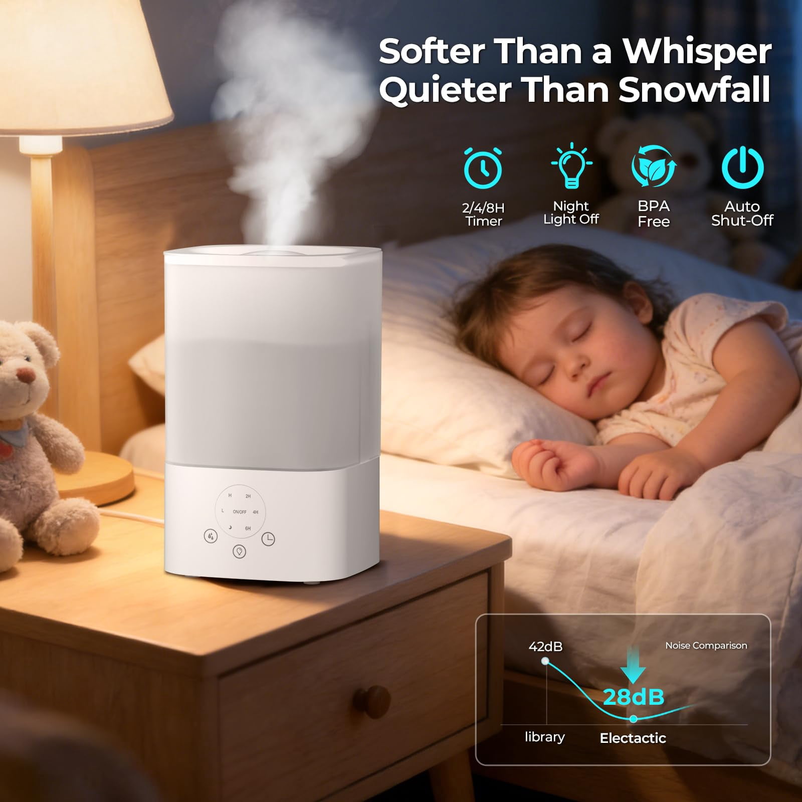 Auseo 3.2L Cool Mist Humidifier, Top fill Humidifier, 7 Color LED Light, 360°Nozzle & Quite Ultrasonic Humidifier, 40H Runtime, Tap to Operate