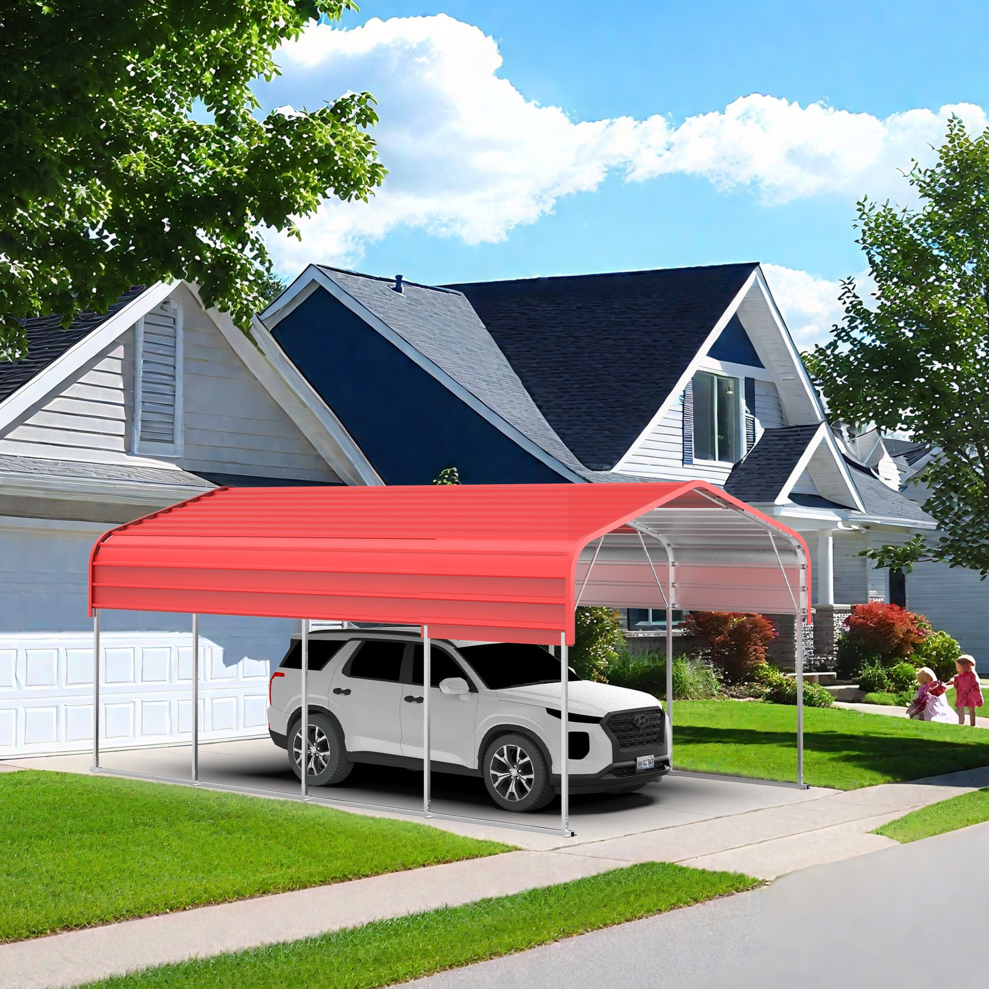 12x20FT Reinforced Metal Carport, Heavy Duty Steel Structure with Support Beams, Spacious Car Shelter for Boats/Tractors, All-Weather Use, Red