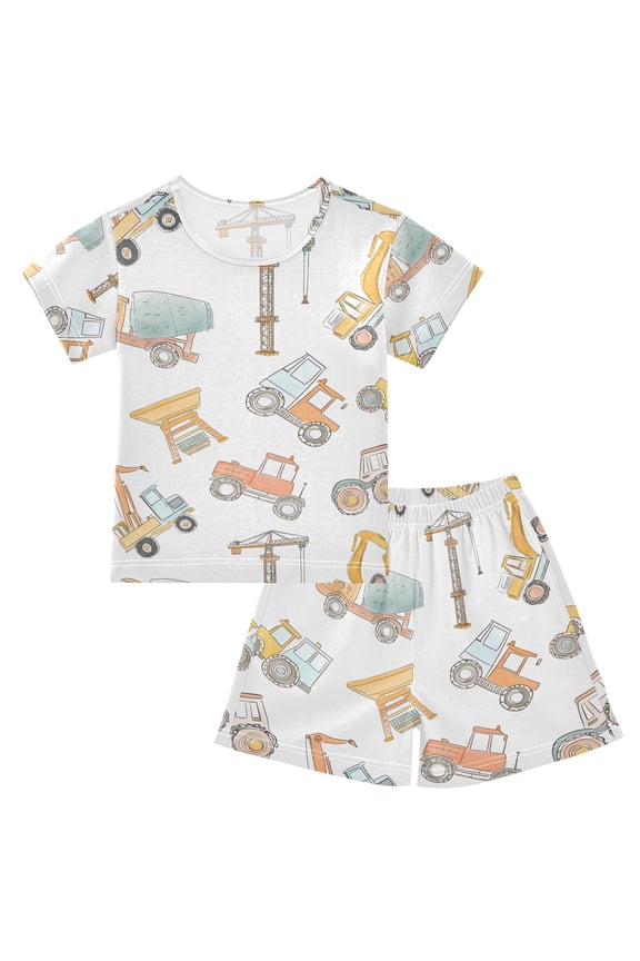 Construction Crane and Backhoe Pattern Pajama Sets Short Sleeve Cotton 2-Piece Sleepwear 14Y