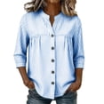 thumbnail image 7 of Sokhug Womens Cotton Linen Striped 3/4 Sleeve Stand Collar Button Down Breathable Casual Daily Tunic Blouse Tops, 7 of 7
