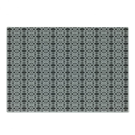 Traditional Cutting Board, Medieval Geometric Tiles Monochrome Style Ottoman Royal Oriental Design, Decorative Tempered Glass Cutting and Serving Board, Small Size, Black White, by Ambesonne