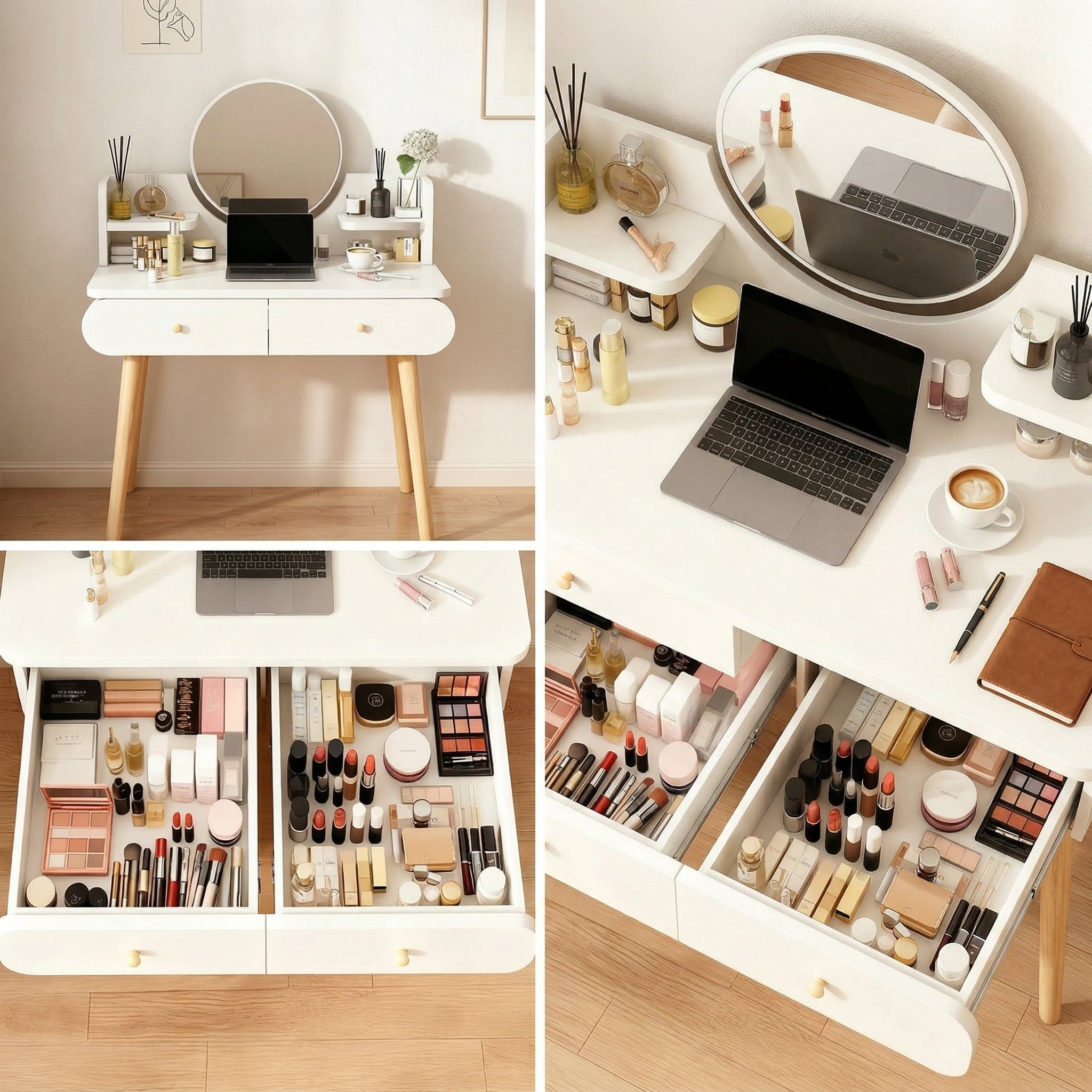 SIMANLI Vanity Table with 2 Drawers, Makeup Dressing Desk with Mirror, Bedroom Vanities Set White (without Stool)