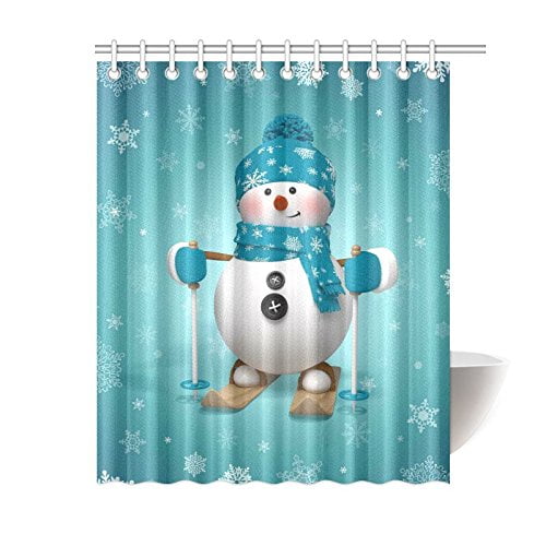 GCKG Skling Snowman Shower Curtain, Christmas Cartoon Character Polyester Fabric Shower Curtain Bathroom Sets with Hooks 60x72 Inches