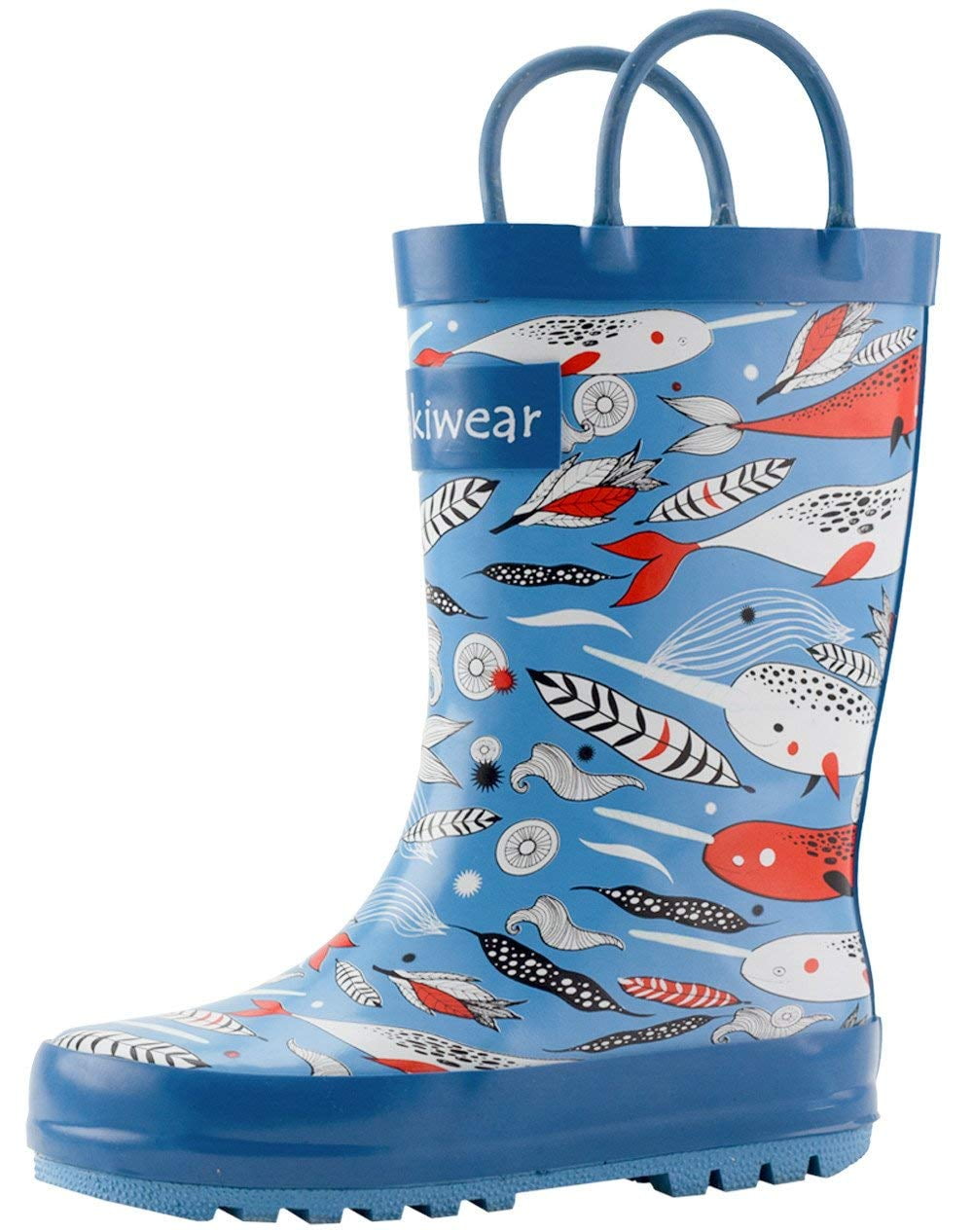 7T US Toddler Blue Dino OAKI Kids Rubber Rain Boots with Easy-On Handles