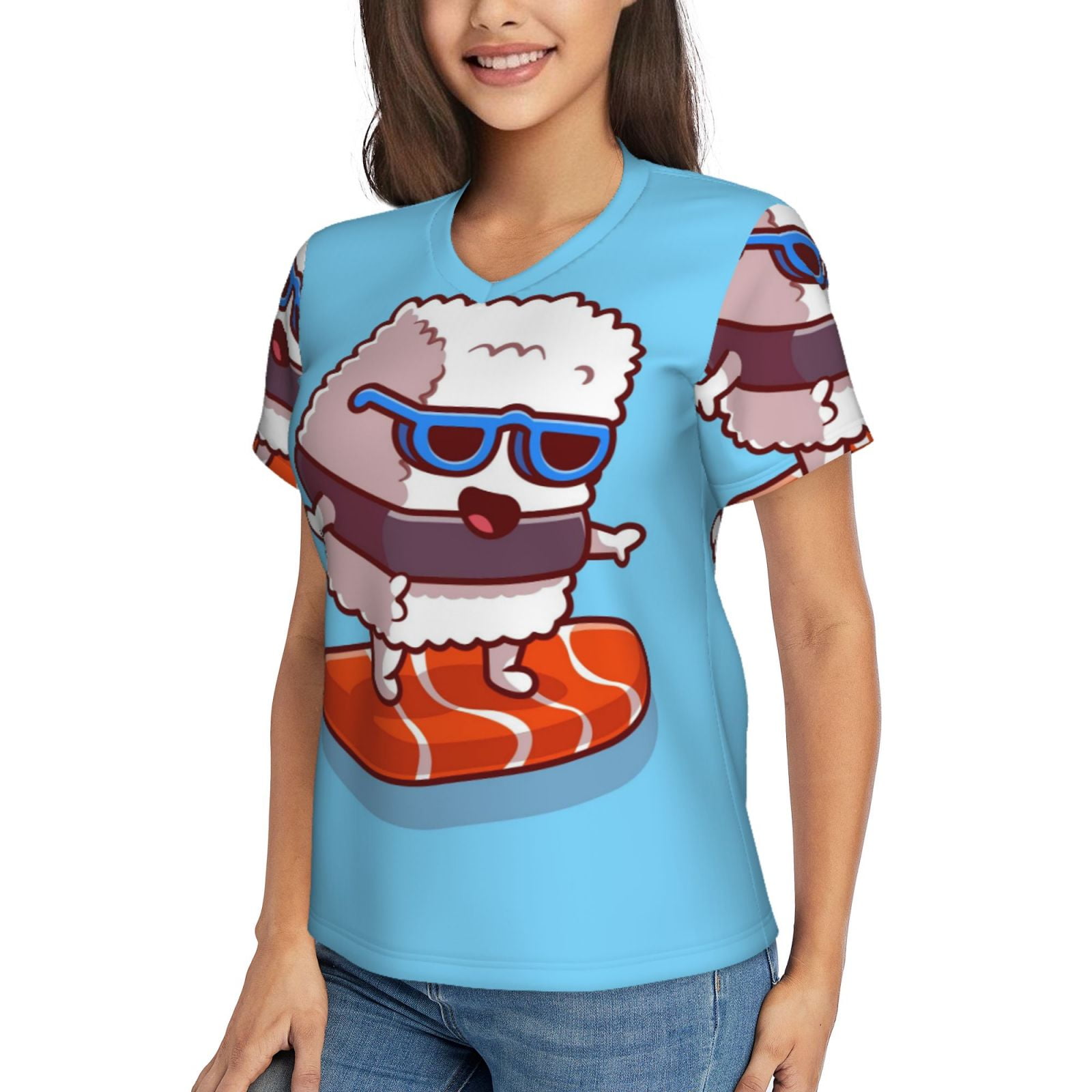 Xecao Sushi Salmon Surfing for Women's V-Neck T-Shirts-Elegant Half-Sleeve Tops Perfect for Summer-3X-Large