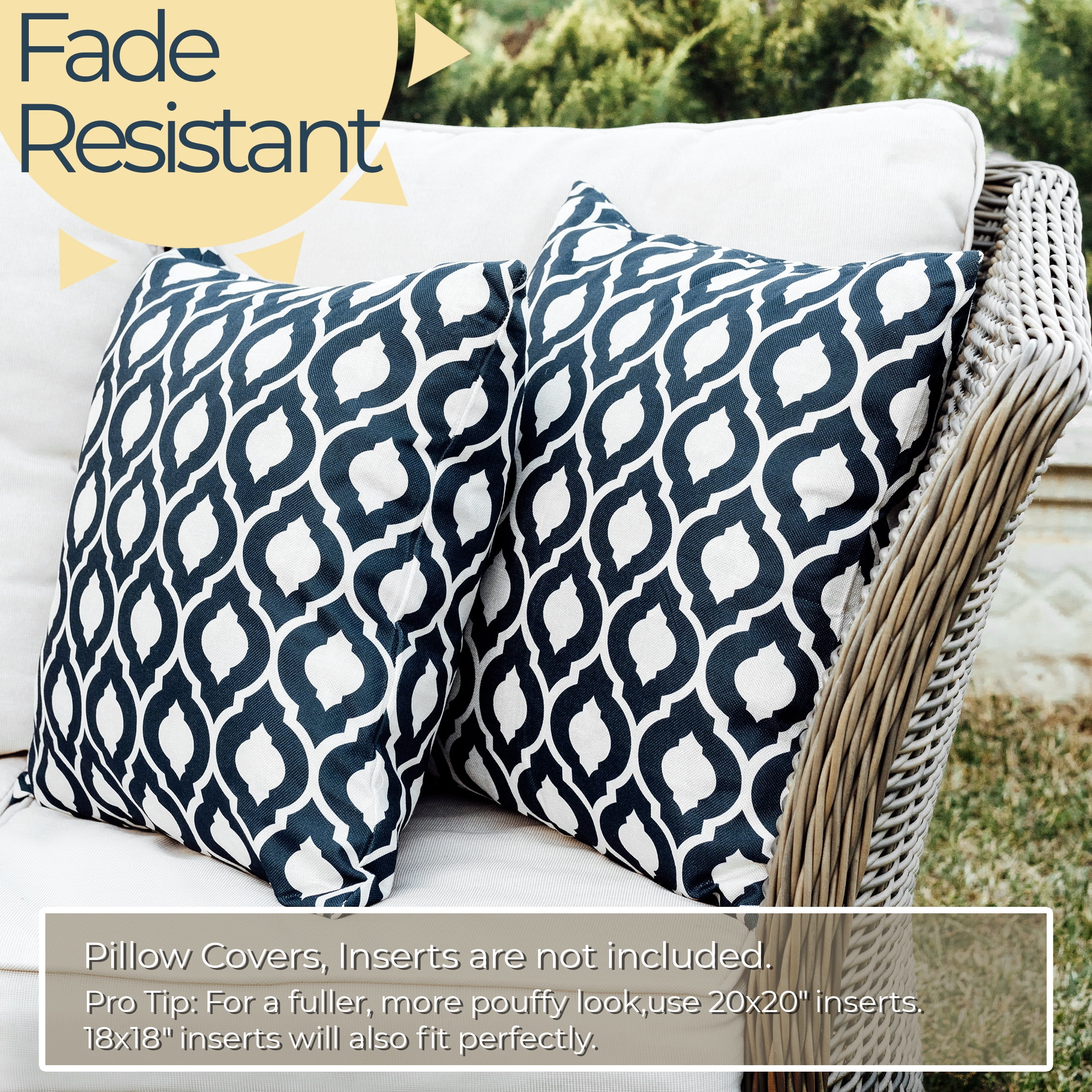 DecorX Weather Resistant 18x18 in Modern Moroccan Oasis Outdoor Pillow Covers, Blue and White, 2 Count