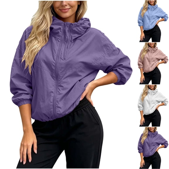 Yyeselk Waterproof Rain Jackets for Women Lightweight Zip Up Cropped Raincoat Outdoor Hiking Hooded Windbreaker with Pockets Blue L
