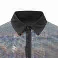 thumbnail image 4 of VSSSJ Men's Disco Shirt Sparkly Sequins Short Sleeve Button Down Shirts Slim Fit Lapel Stylish Dress Shirts 70s Party Costume Silver L, 4 of 8