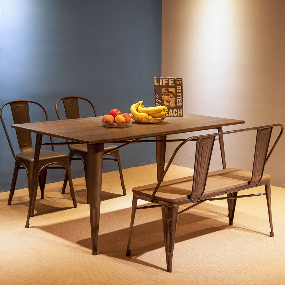 Kepooman Rustic Vintage Style Distressed Dining Table Bench with Wooden Seat Panel and Metal Backrest & Legs Kepooman Rustic Vintage Style Distressed Dining Table Bench with Wooden Seat Panel and Metal Backrest & Legs
