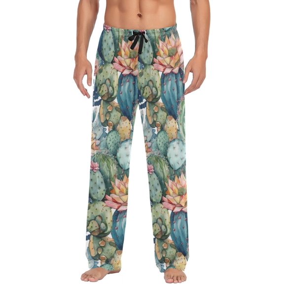 GZHJMY Watercolor Cactus Men's Pajama Pants, Loose Lightweight PJs Lounge Sleep Bottoms with Pockets Drawstring, Pajama Bottoms for Home and Rest, Small