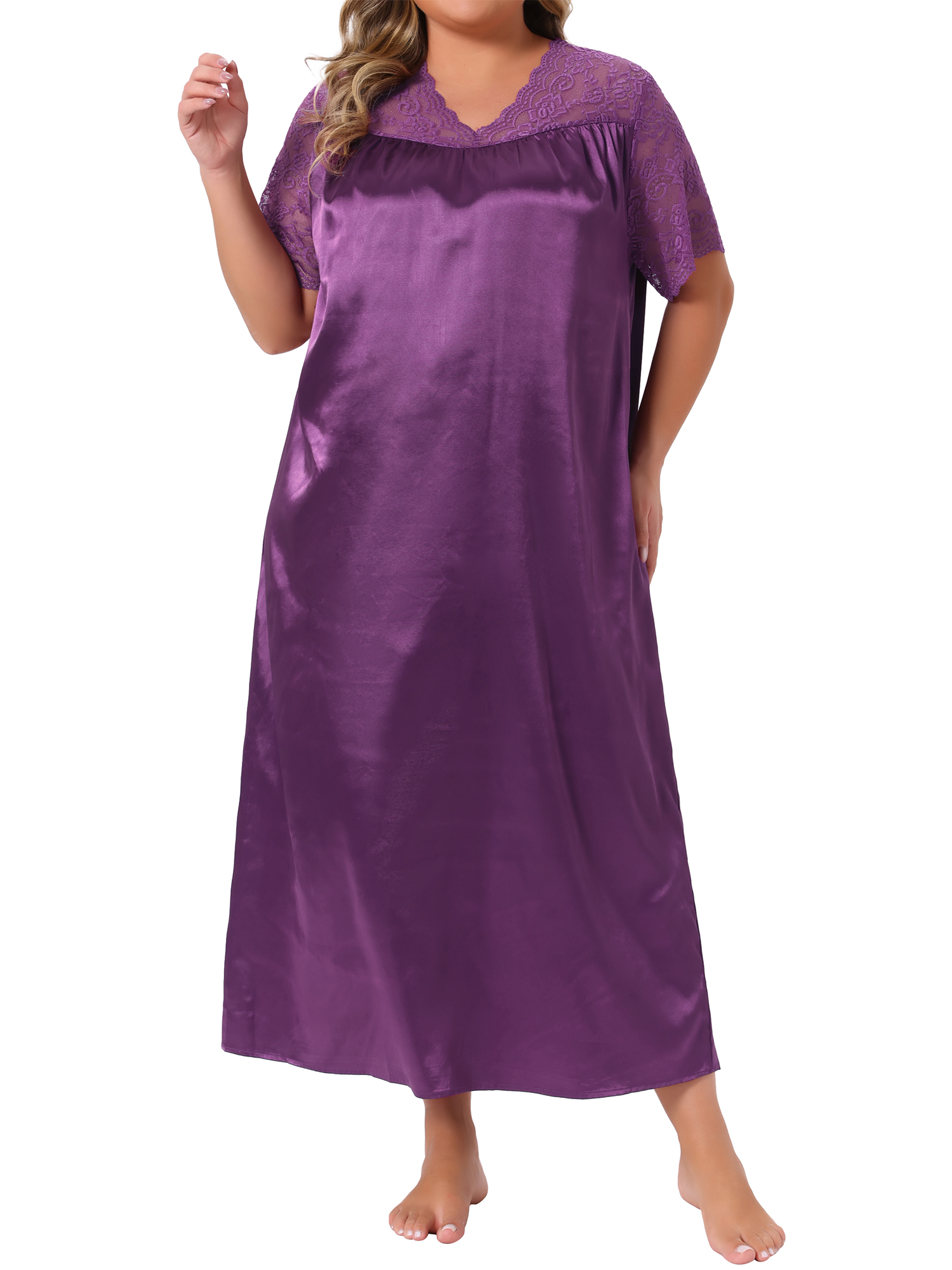 DARING DIVA Women's Plus Size Satin Short Sleeve Maxi  Nightgown 1X Purple