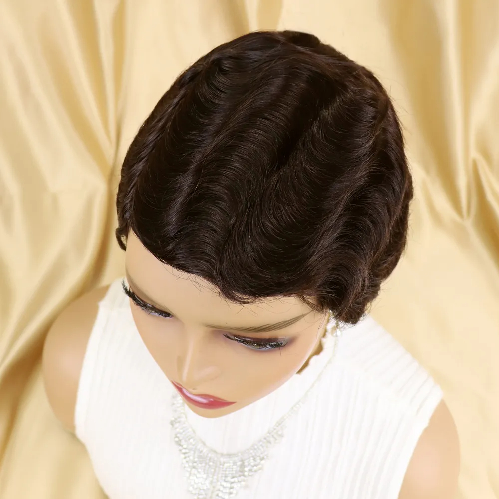 Short Pixie Cut Wigs for Black Women Mommy Brazilian Finger Ocean Wave Full Machine Made Remy Human Hair Cheap Wig for Party Dark Brown Color
