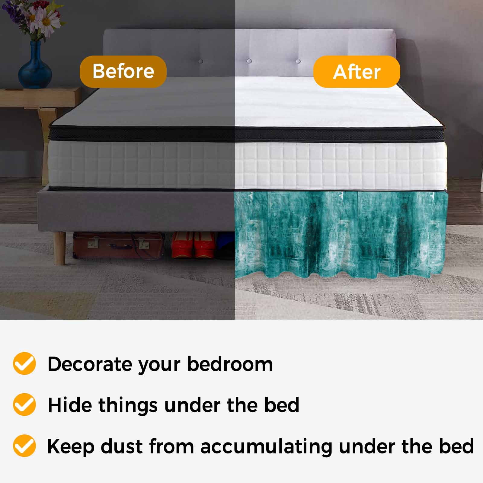 Teal Bed Skirt King Size 16 Inch Drop, Adjustable & Elastic Wrap Around Bed Skirts Pleated Dust Ruffles For Twin Full Queen Cal King Base Beds, Retro Oil Painting Modern Abstract Art Aesthetics