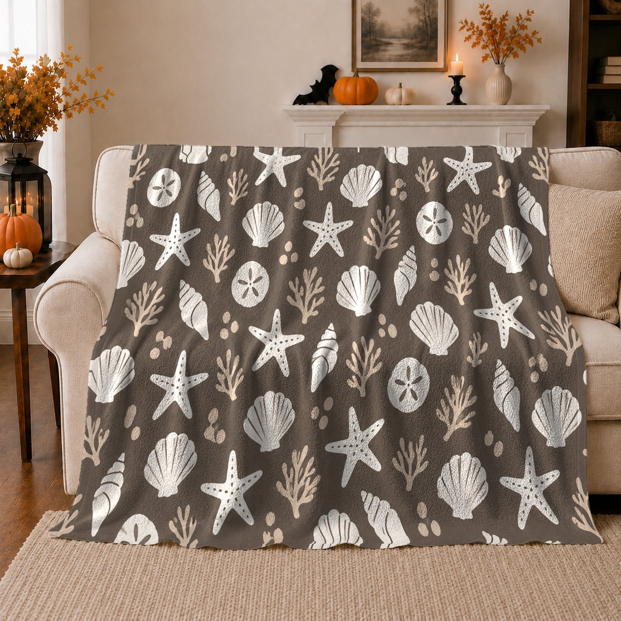 Coastal Nautical Seashell Starfish Motifs Peaceful Coastal Landscape Scene Warm Flannel Blanket for Beach House and Living Room Beach Lovers Housewarming Gift Coastal Home Decor