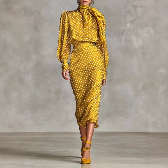 Women's Polka Dot Casual 2-Piece Set Long Sleeve Top & Skirt Yellow L