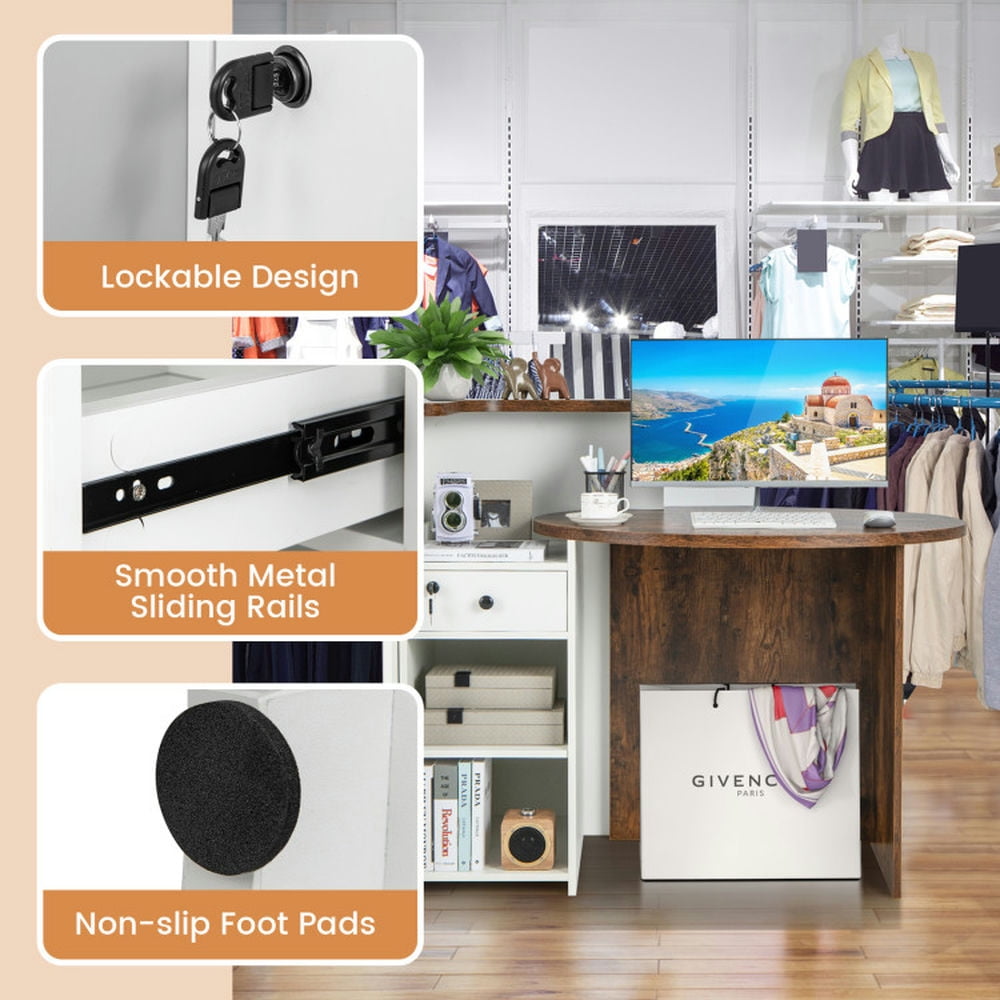 Demi Bonn Front Reception Office Desk with Open Shelf and Lockable Drawer, Small Home Computer Desk Study Writing Table, Brown + White