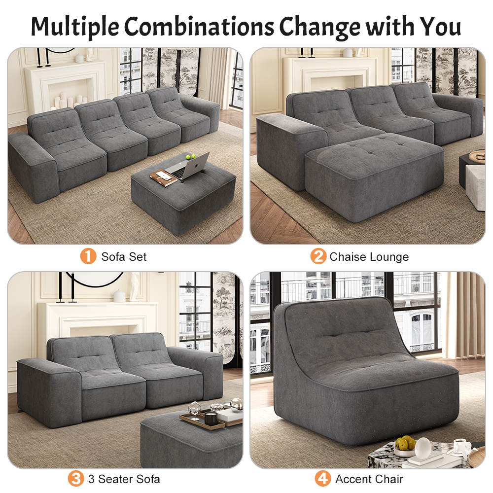 MOONMISS 143.7" Modular Sectional Sofa Set with Removable Ottoman,Tufted Design, Deep Seat Couch, Chaise & Accent Chair,Modern DIY Sparkling Chenille Sofa for Living Room, Apartment, Office