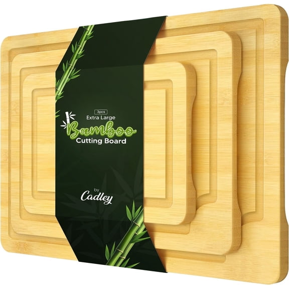 Cadley Bamboo Cutting Board Set of 3, Chopping Board with Juice Grooves, Organic Wood Cutting Board for Meat, Cheese, Fruits & Vegetables