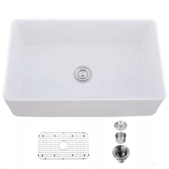 CLEARANCE! Single Basin Ceramic Farmhouse Kitchen Sink with Basket Strainer