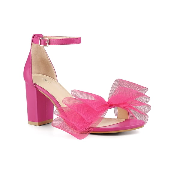 BLISSFUL STEP Women's Strappy Bow Tie Block High Ankle Heel Sandals Hot Pink 9.5