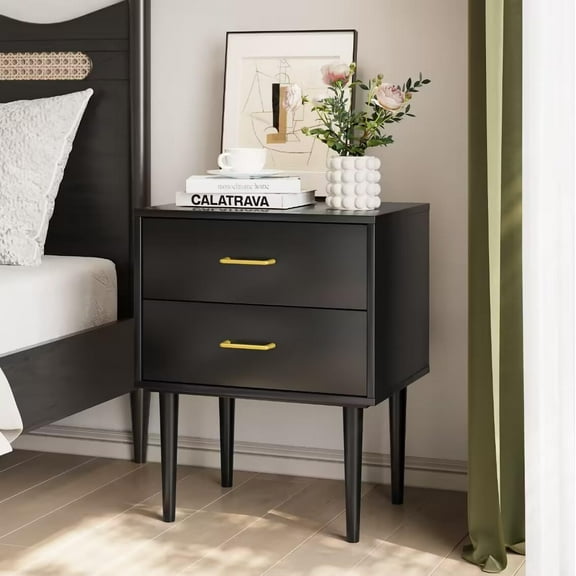 Semiocthome Modern Black Nightstand with 2 Drawers & Glod Metal Handle, 26" H Wood Night Stand with Wide Tabletop, Bedside Tables with Solid Wood Legs, Sofa Storage End Table for Bedroom