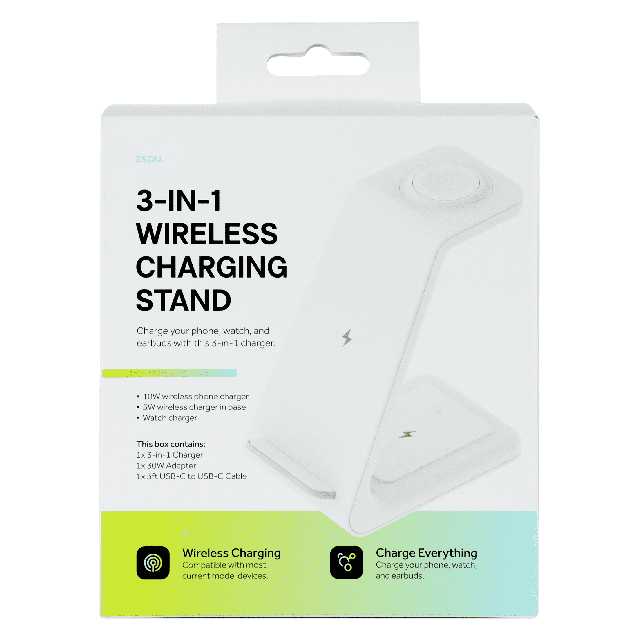 ZSOU 3-in-1 Wireless Charging Station for iPhone, Apple Watch, and AirPods, White