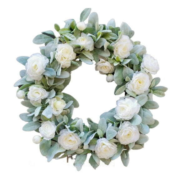 Artificial Lambs Ear Wreath with White Rose for Front Door,Spring Greenery Wreath Floral Wreath,Home Wedding Farmhouse Decorative Wreath,17.7"