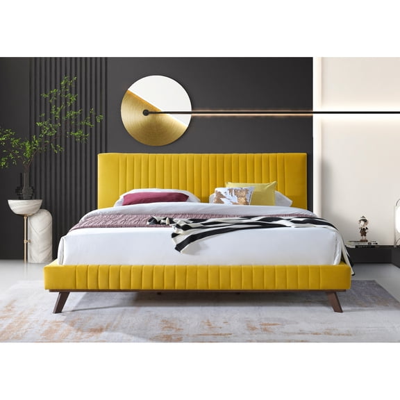 Omax Decor Sven Wood and Fabric Upholstered King Platform Bed in Mustard Yellow