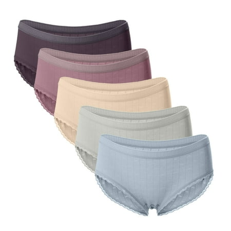

〖Hellobye〗Women s Sexy Thin Briefs In Solid Color With Lace Mid-Waist Underwear 5PC