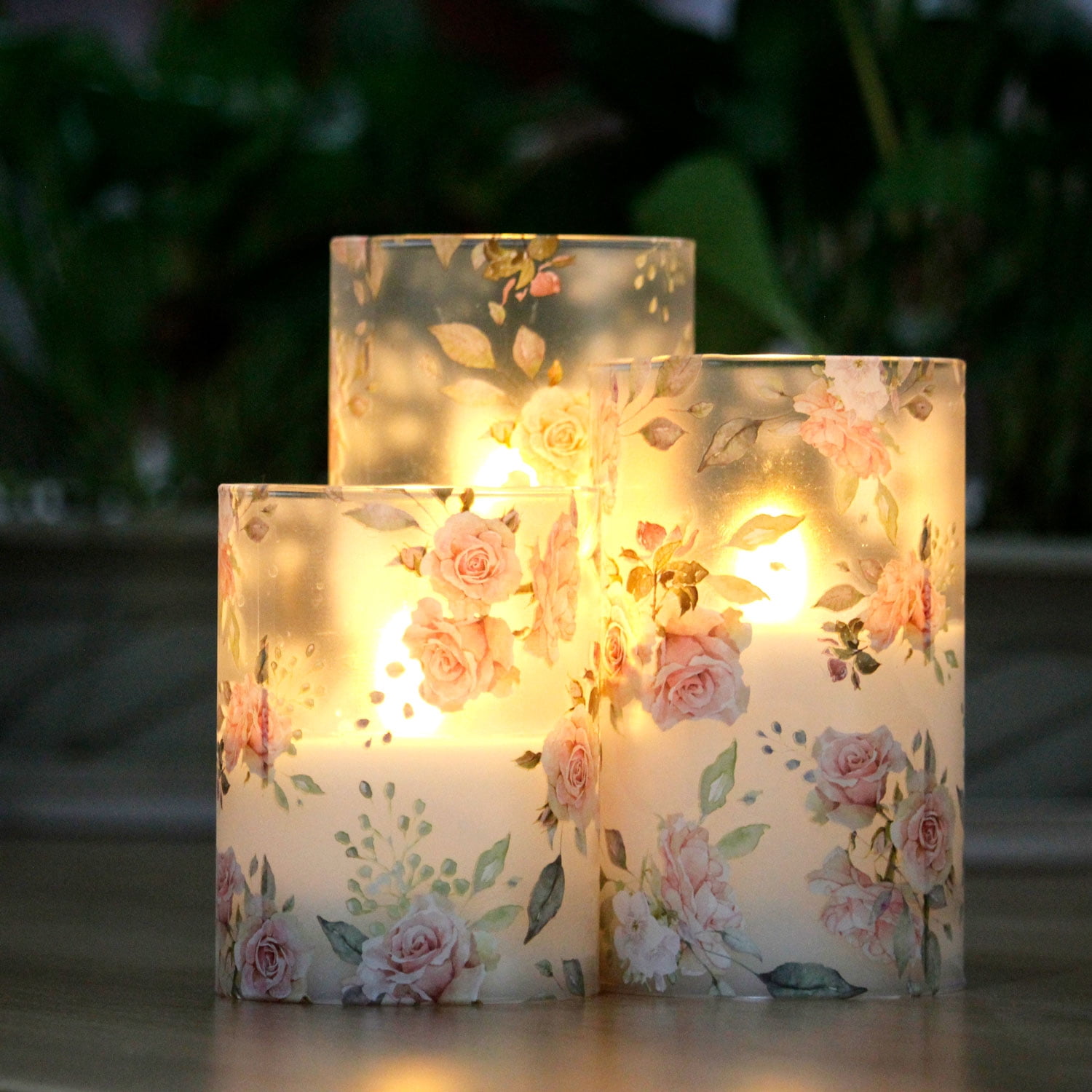 Meltone Rose LED Flameless Candles Battery Operated, Real Wax Glass LED Pillar with Remote Control, 3pcs Candle Set 3''x4''/5''/6''