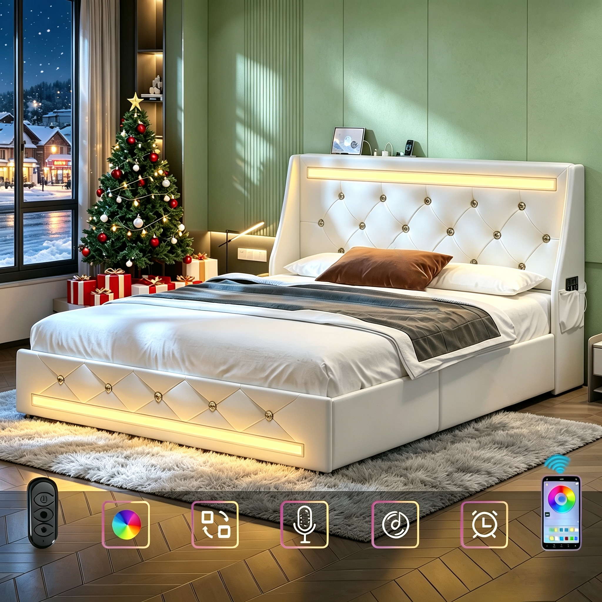 Gewnee Full Size Bed Frame with Storage Drawers & Charging Station,PU Upholstered Platform Bed with Button Wingback Headboard and Side Pocket,LED Bed Frame,No Box Spring Needed.White
