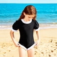 thumbnail image 6 of Swimsuit for Girls One Piece Short Sleeves Lace Trim Black White Color UPF 50+ Sum Summer Vacation Rash Guard Black Size 10-11 Y, 6 of 7