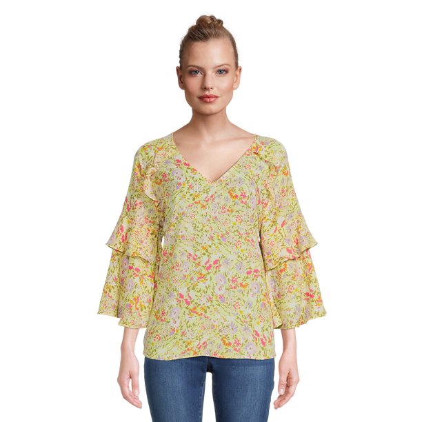 The Pioneer Woman Flounce Sleeve Ruffle Tunic, Women's - Walmart.com