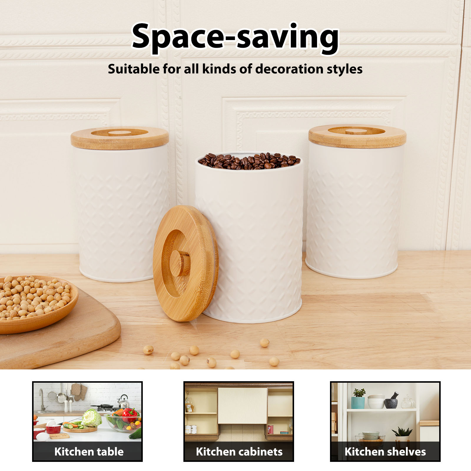 Grusce 3 Pack Ceramic Kitchen Canister Set for Sugar Coffee Tea, Airtight Food Storage Jars with Bamboo Lids, White Ceramic Storage Jar Kitchen Canister, Decorative Storage Pots for Countertop