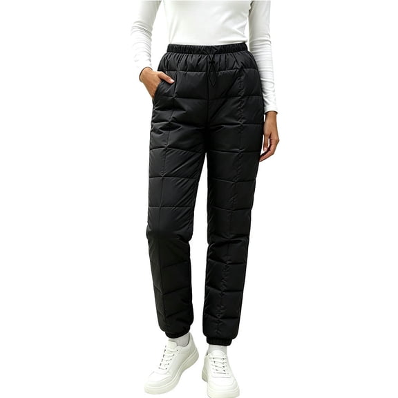 Ghalytn Women's Quilted Padded Winter Jogger Pants - Drawstring Warm Cuffed Ankle Trousers with Pockets