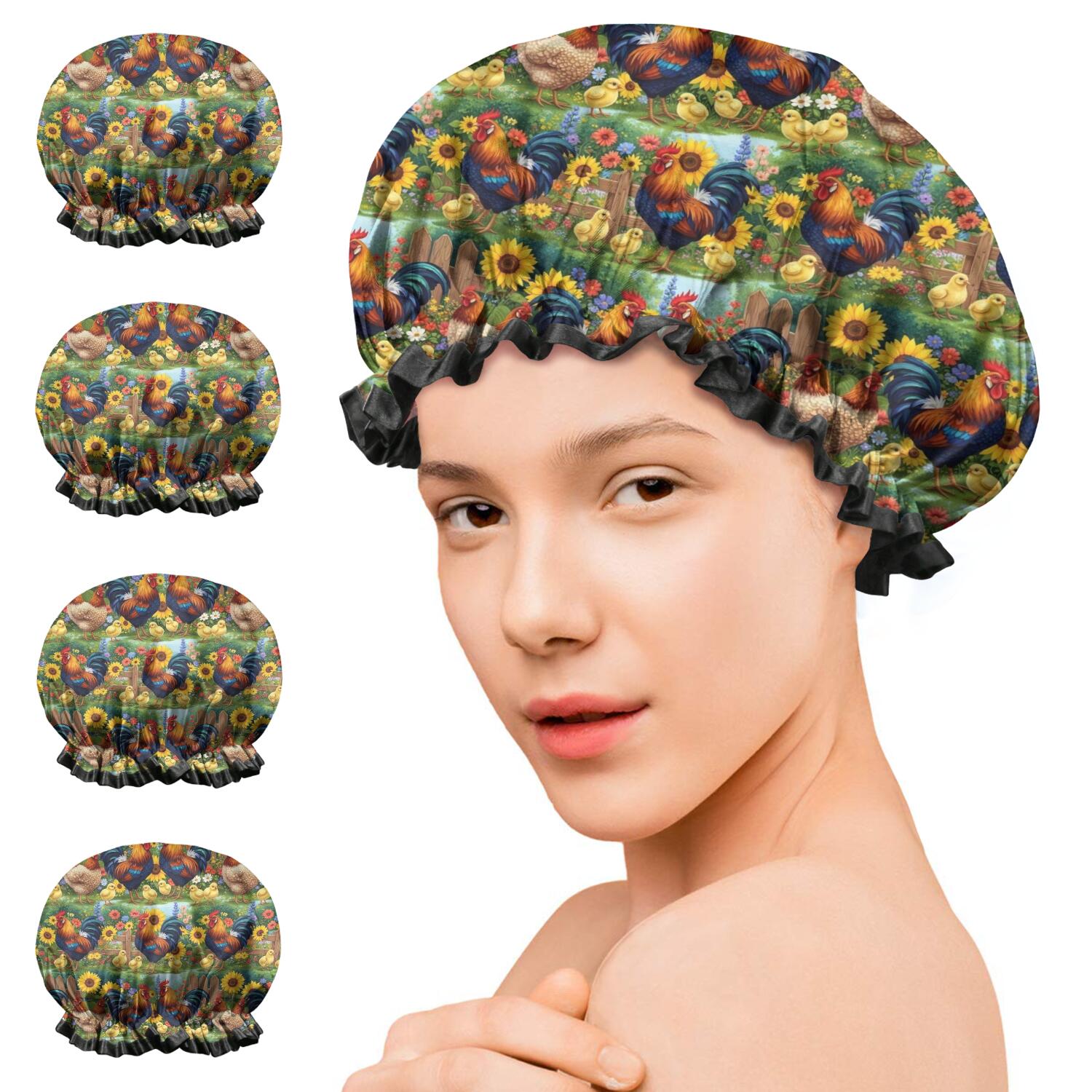 Shower Caps,Green Chicken Sunflower Pattern Waterproof Shower Cap for Women 4 Pieces,Double Reusable Hair Cover for Shower PEVA Elastic Stretch Hem