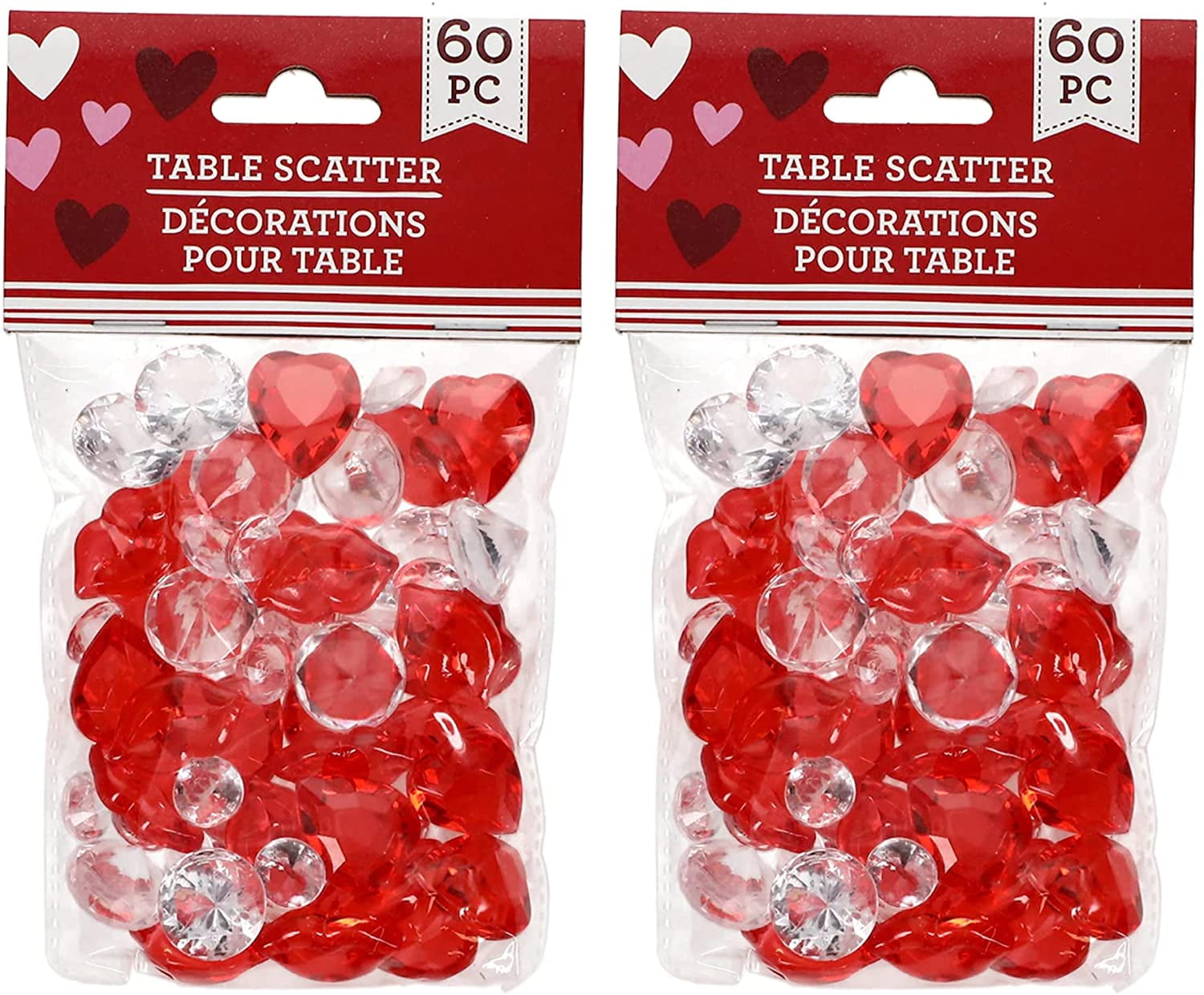 60pc Valentines Day Glitter Foam Hearts Table Scatter Vase Filler Red and Pink 